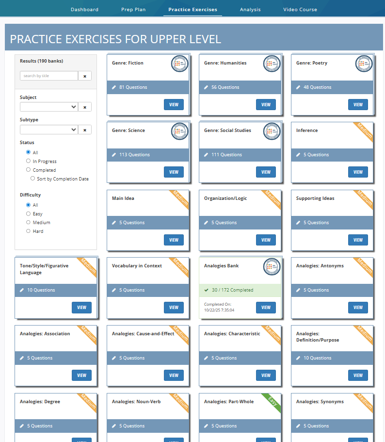 Test Innovator Site — Practice Exercises Tab