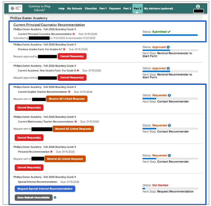 Part 3 requirements for Exeter showing reference and recommendation request management